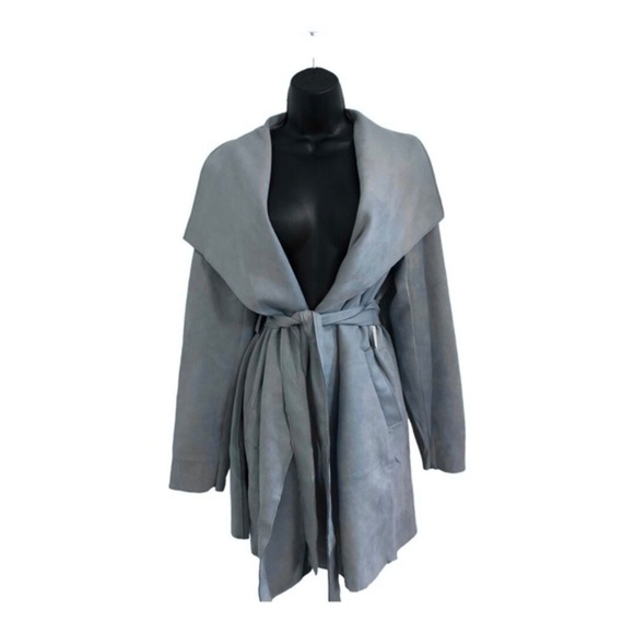 Haute monde Blue faux suede oversized shawl collar belted trench coat size Large - Picture 1 of 16
